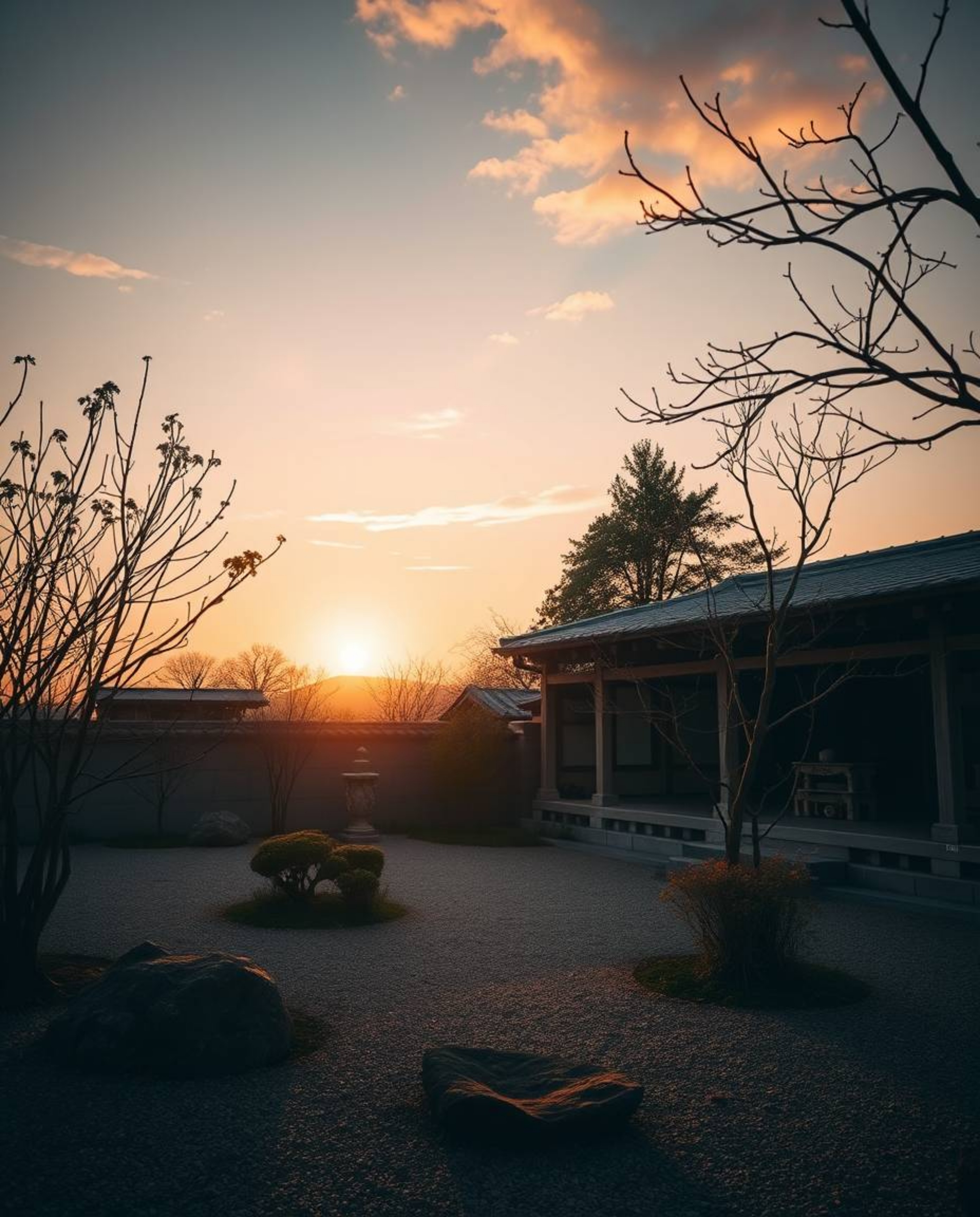 A photograph of a serene Zen garden at sunset using chiaroscuro lighting, employing natural earth tones like browns and beige