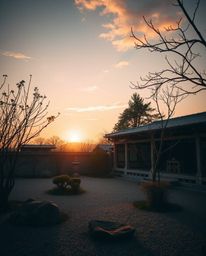 A photograph of a serene Zen garden at sunset using chiaroscuro lighting, employing natural earth tones like browns and beige