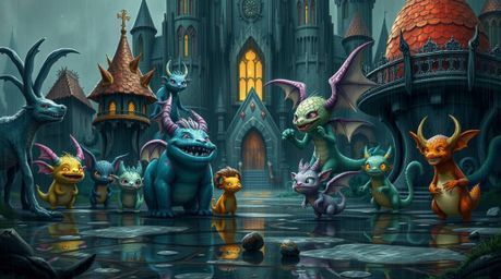 Immerse yourself in a fantastical kingdom teeming with quirky magical creatures, brought to life in a strong, moody artistic 