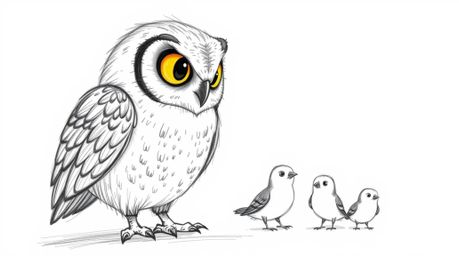 A heartwarming Pixar-style hand-drawn sketch depicts a blind owl, feathers subtly textured with rough pencil strokes, guiding
