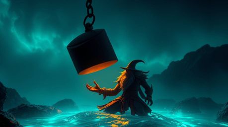 A stunning scene depicting an anvil poised to fall upon a trickster character, bathed in a rich, deep teal bioluminescent glo