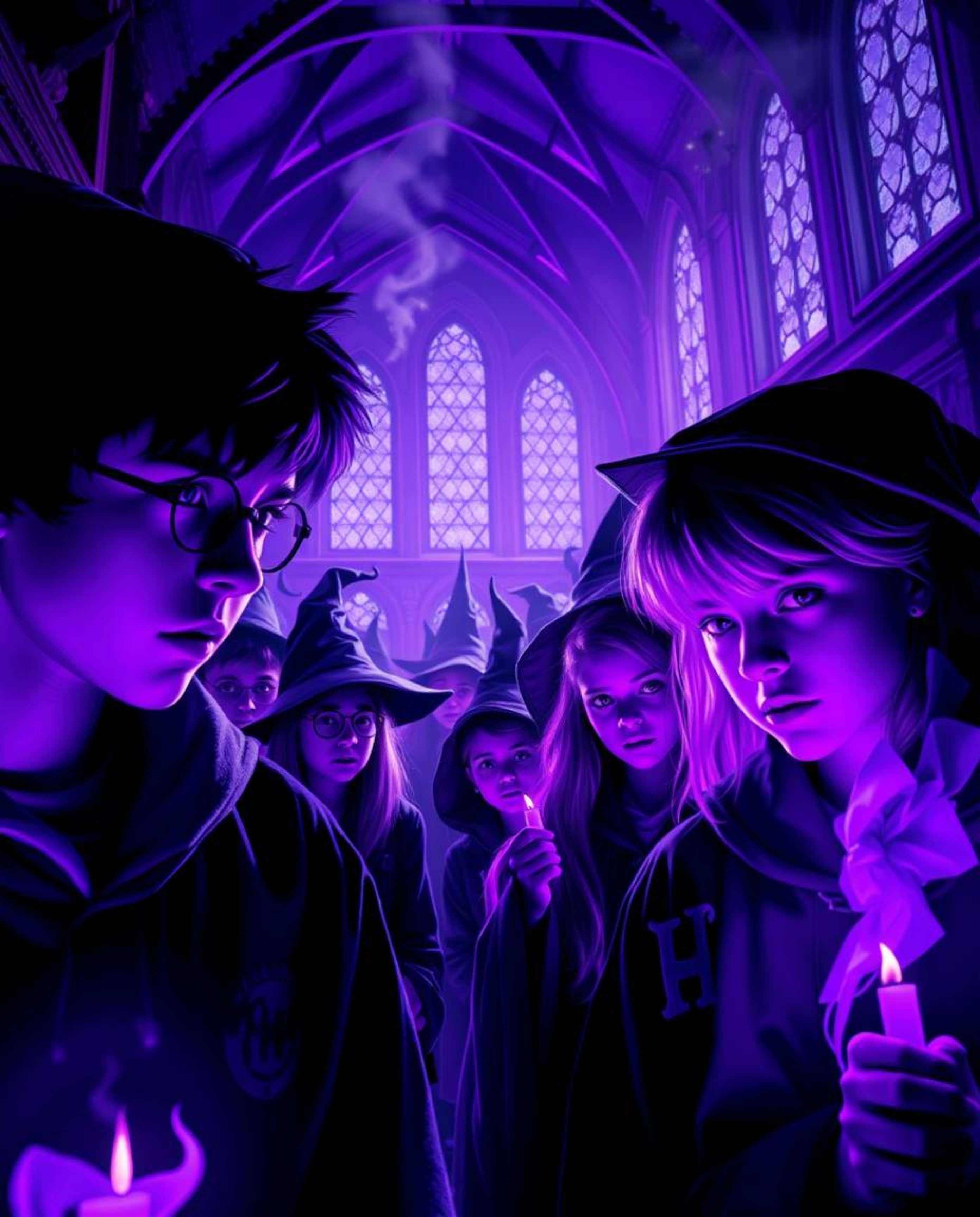 Step into a captivating world of a magical school brimming with young wizards.  Rendered in deep ultraviolet hues and intense