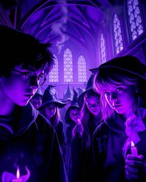 Step into a captivating world of a magical school brimming with young wizards.  Rendered in deep ultraviolet hues and intense