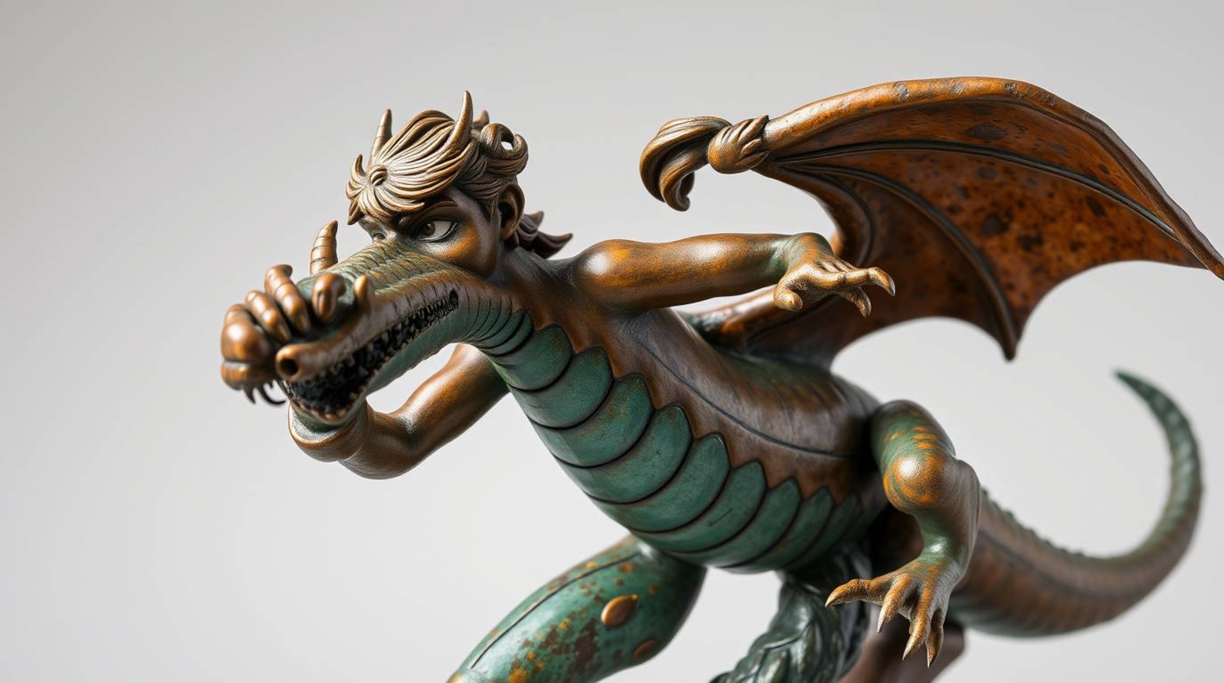 A captivating cast bronze sculpture portrays a charming prince battling a dragon, rendered in a nostalgic 1950s animation sty