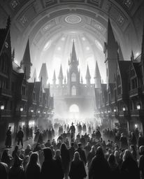 Experience a breathtaking vision of a grand, futuristic magical school teeming with young wizards in this classic black and w