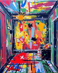 This vibrant acrylic painting captures the energy and chaos of a room exploding with paint. The dynamic composition and textu