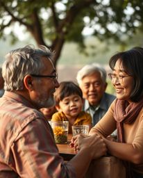 A heartwarming fine art photograph capturing a family reunion in the distinctive Pixar style.  Utilizing natural earth tones 