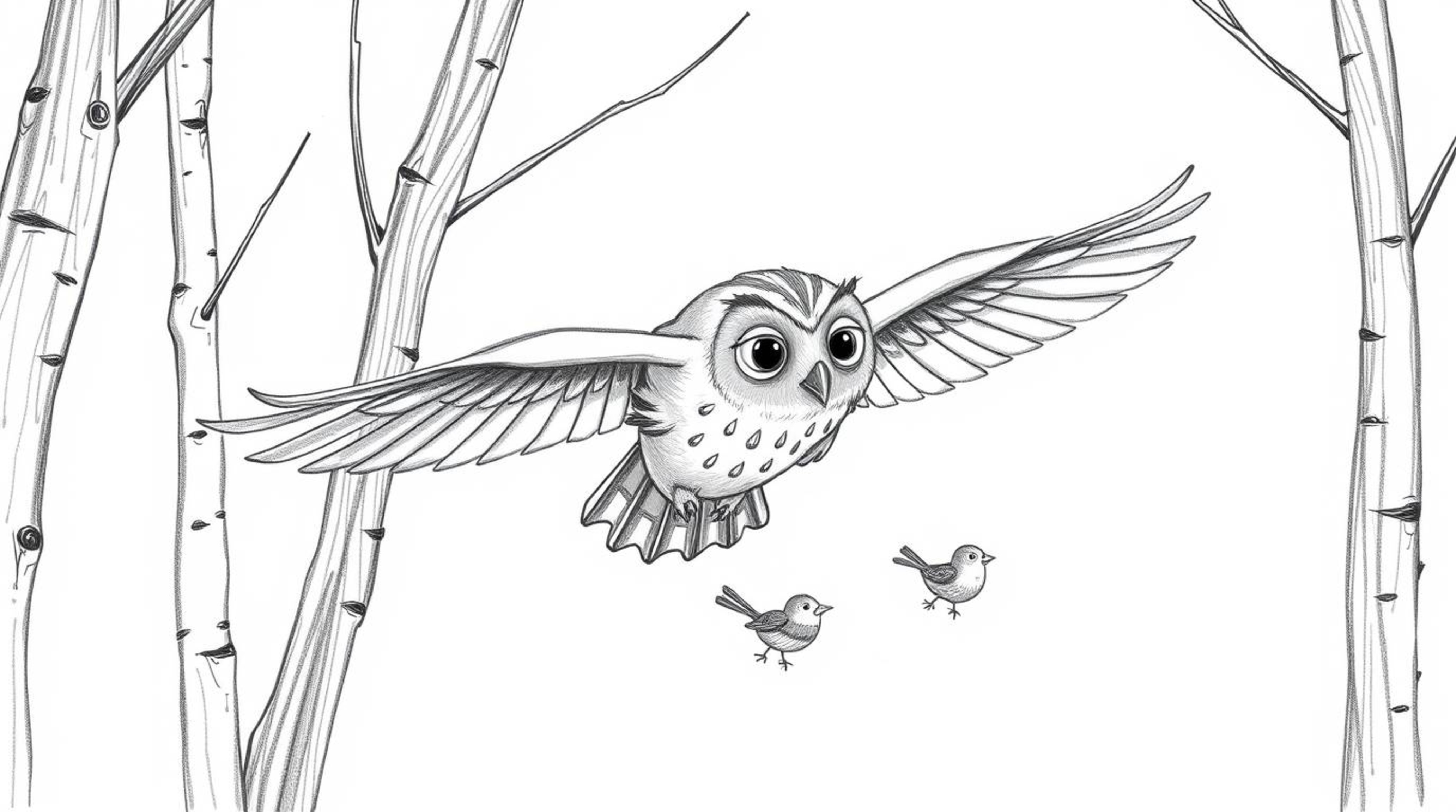 A heartwarming hand-drawn sketch in the style of Pixar depicts a blind owl with gentle, expressive features gracefully glidin