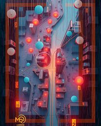 Explore a dreamlike, surreal urban landscape with this abstract city map composed of geometric shapes and viewed from a top-d