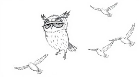 A Pixar-style hand-drawn sketch depicts a blind owl with detailed, textured feathers guiding several birds in flight.  The sc