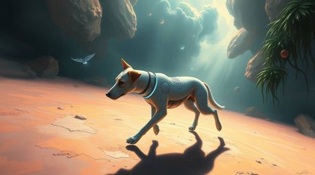 A captivating high-angle painting depicts a futuristic dog autonomously strolling through a mystical, enchanting, and dreamli