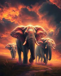 This digital painting portrays ethereal elephants walking under a sky of vibrant sunset hues and stormy clouds, creating a my