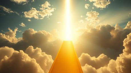 A breathtaking and epic scene depicts a golden staircase ascending through a cloud-filled sky towards a radiant heaven. Sunli