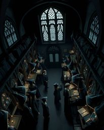 Immerse yourself in a high-angle perspective illustration of a magical school teeming with young wizards, rendered in intense