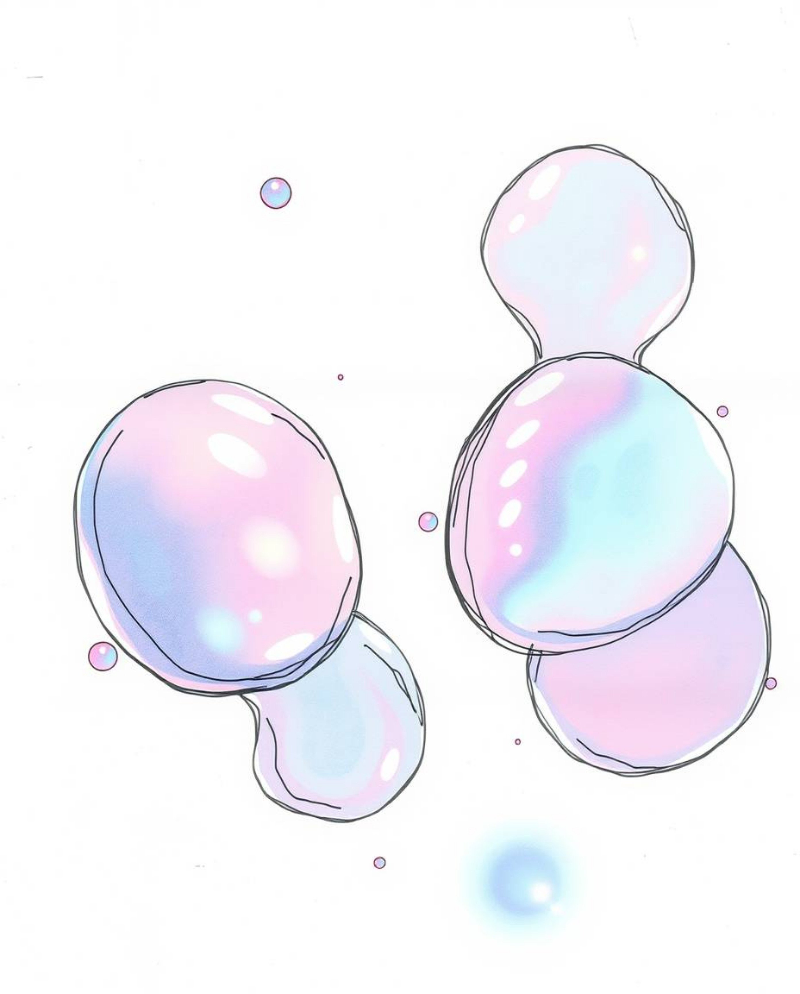 A mesmerizing 3D render featuring iridescent colors overlaying a hand-drawn sketch of ethereal, spiritual fluid organic blobs