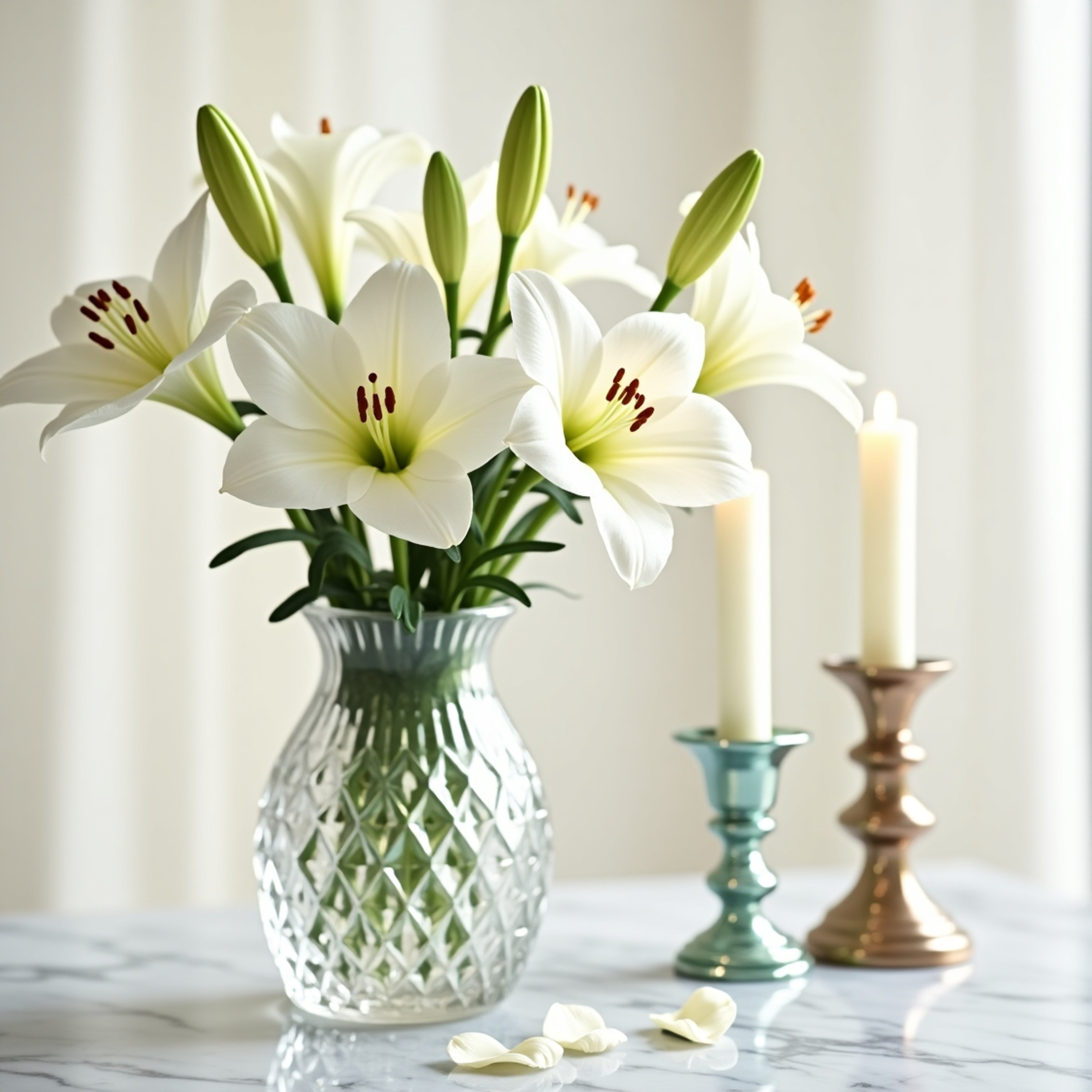 A serene and elegant composition featuring a delicate bouquet of pure white lilies in an exquisite crystal vase. The arrangem