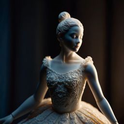 This image captures a detailed view of a delicate porcelain ballerina figurine. The soft lighting enhances the subject, creat