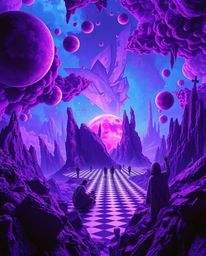 Explore a captivating surreal dreamscape bathed in deep ultraviolet hues and high contrast. This image features a striking bl