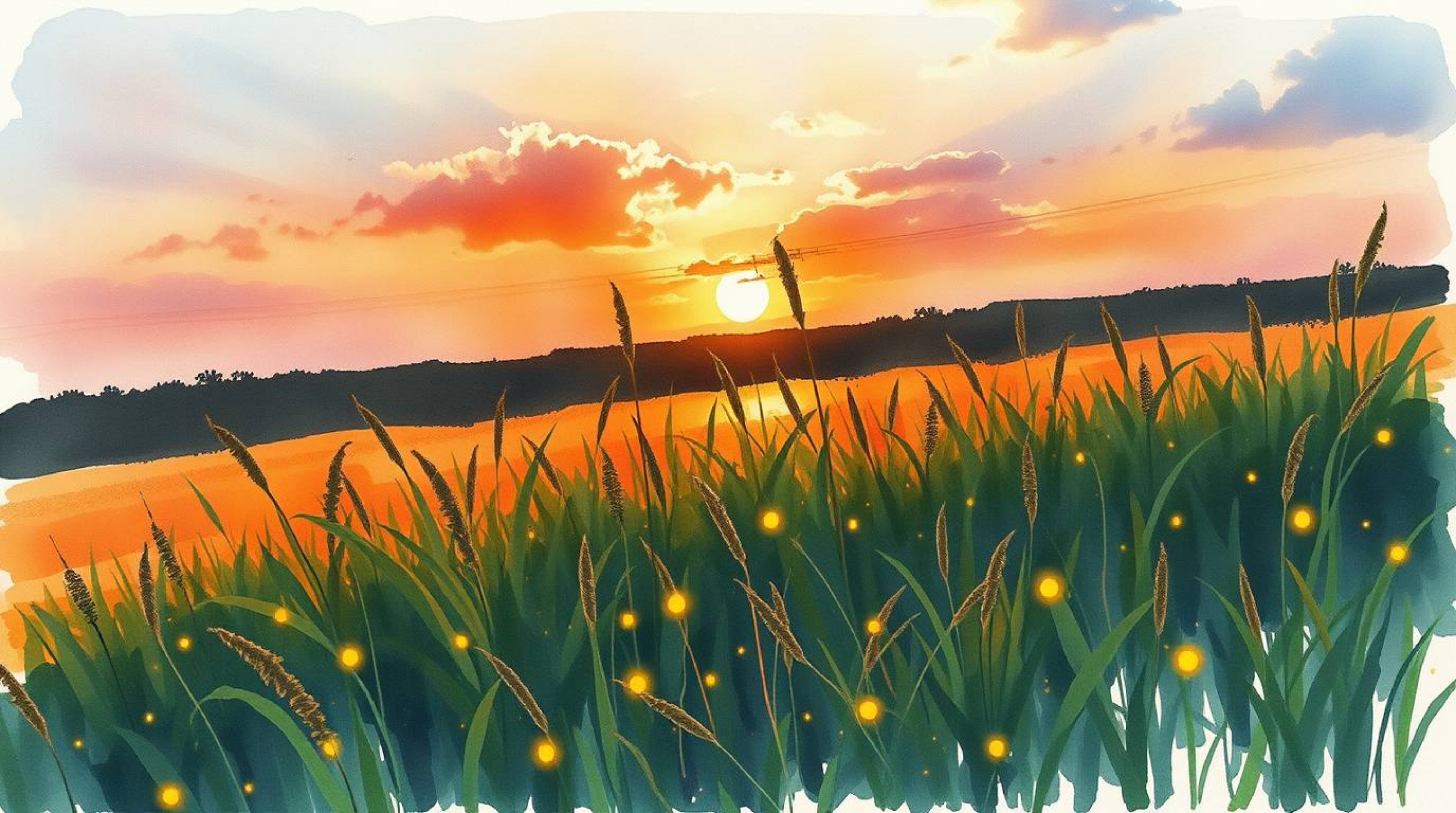 A captivating watercolor painting depicts a high-angle view of a serene meadow at sunset, with the first fireflies beginning 