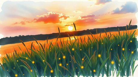 A captivating watercolor painting depicts a high-angle view of a serene meadow at sunset, with the first fireflies beginning 