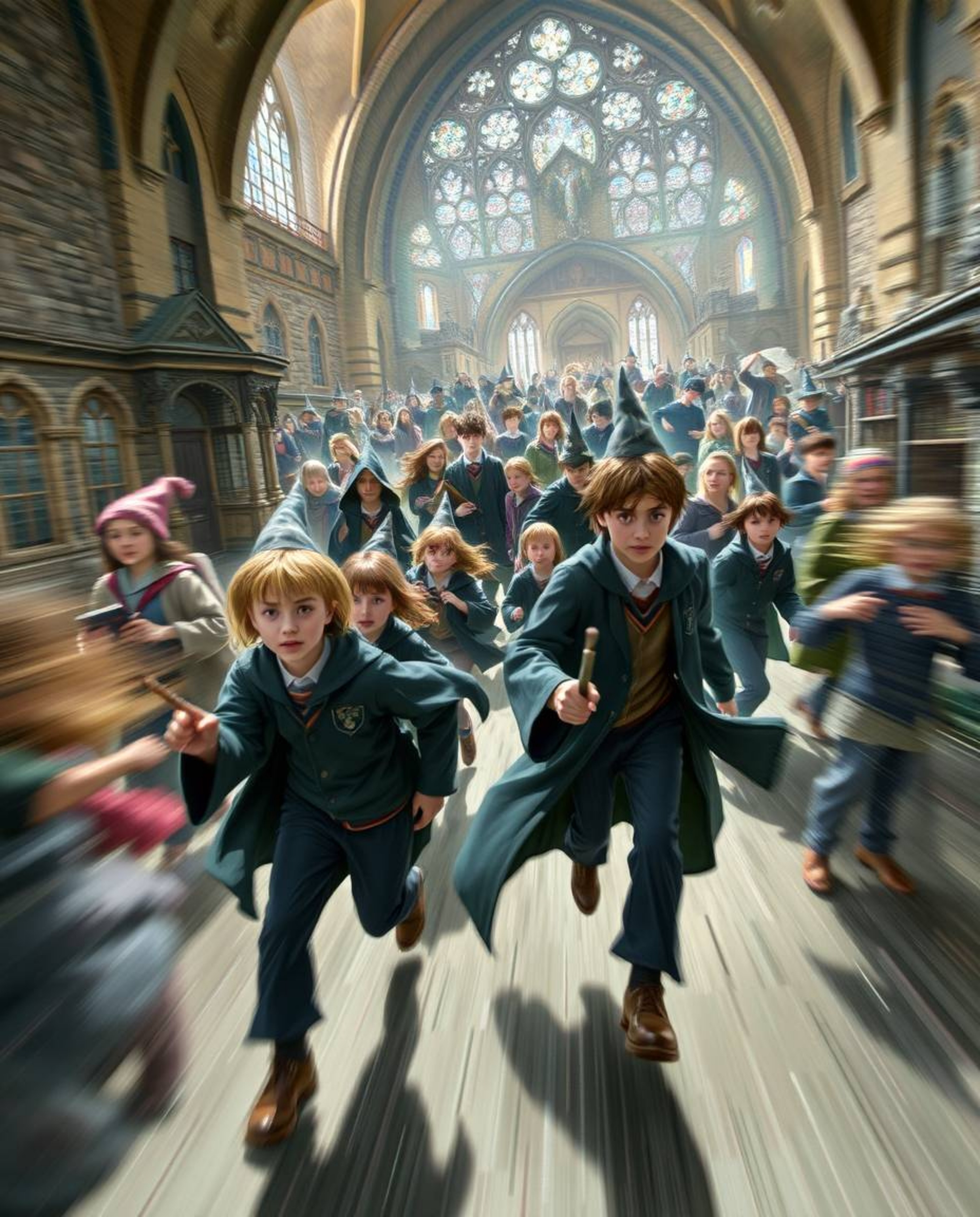 Experience the vibrant energy of a magical school brimming with young wizards. This dynamic depiction utilizes blurred lines 