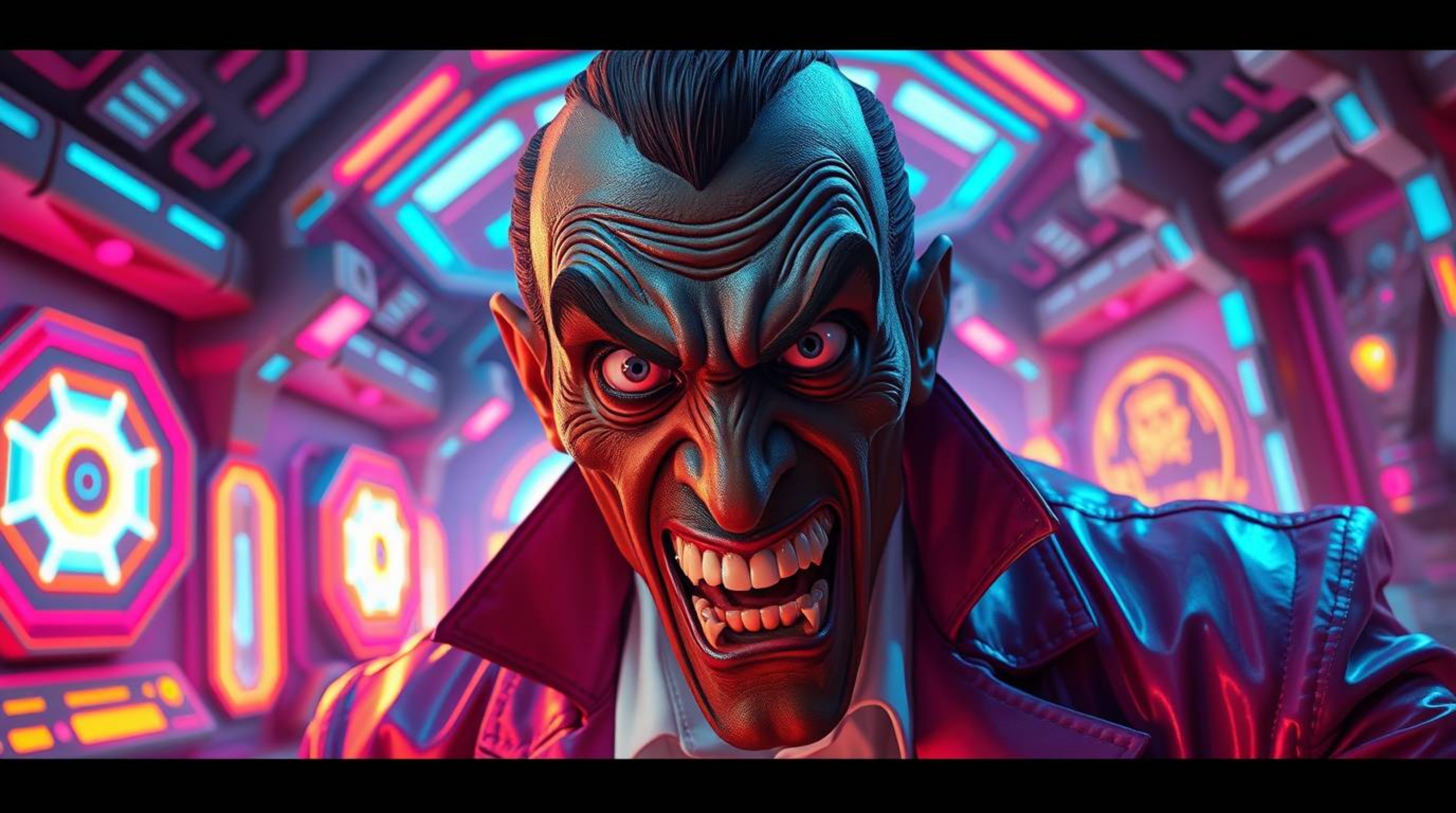 A villain with wild, expressive eyes and olive skin experiences a comedic breakdown within a vibrant sci-fi lair. The scene i