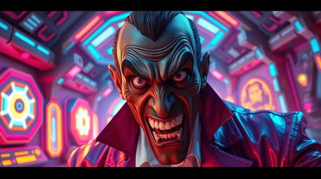 A villain with wild, expressive eyes and olive skin experiences a comedic breakdown within a vibrant sci-fi lair. The scene i