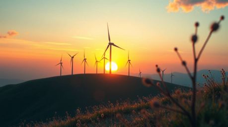 This artwork presents a surreal digital painting, capturing an extreme macro close-up of a sunset behind a row of wind turbin