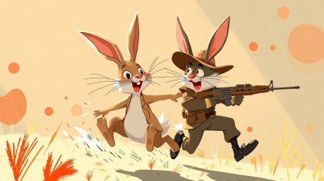 An artistic illustration of a wacky rabbit outrunning a hunter with slapstick humor, presented with warm and creative lightin