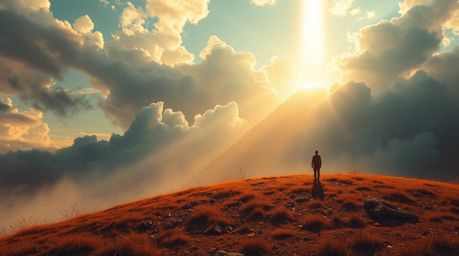 A dreamlike and peaceful scene unfolds with steps made of light ascending into a cloudy sky. Angelic figures watch from the h