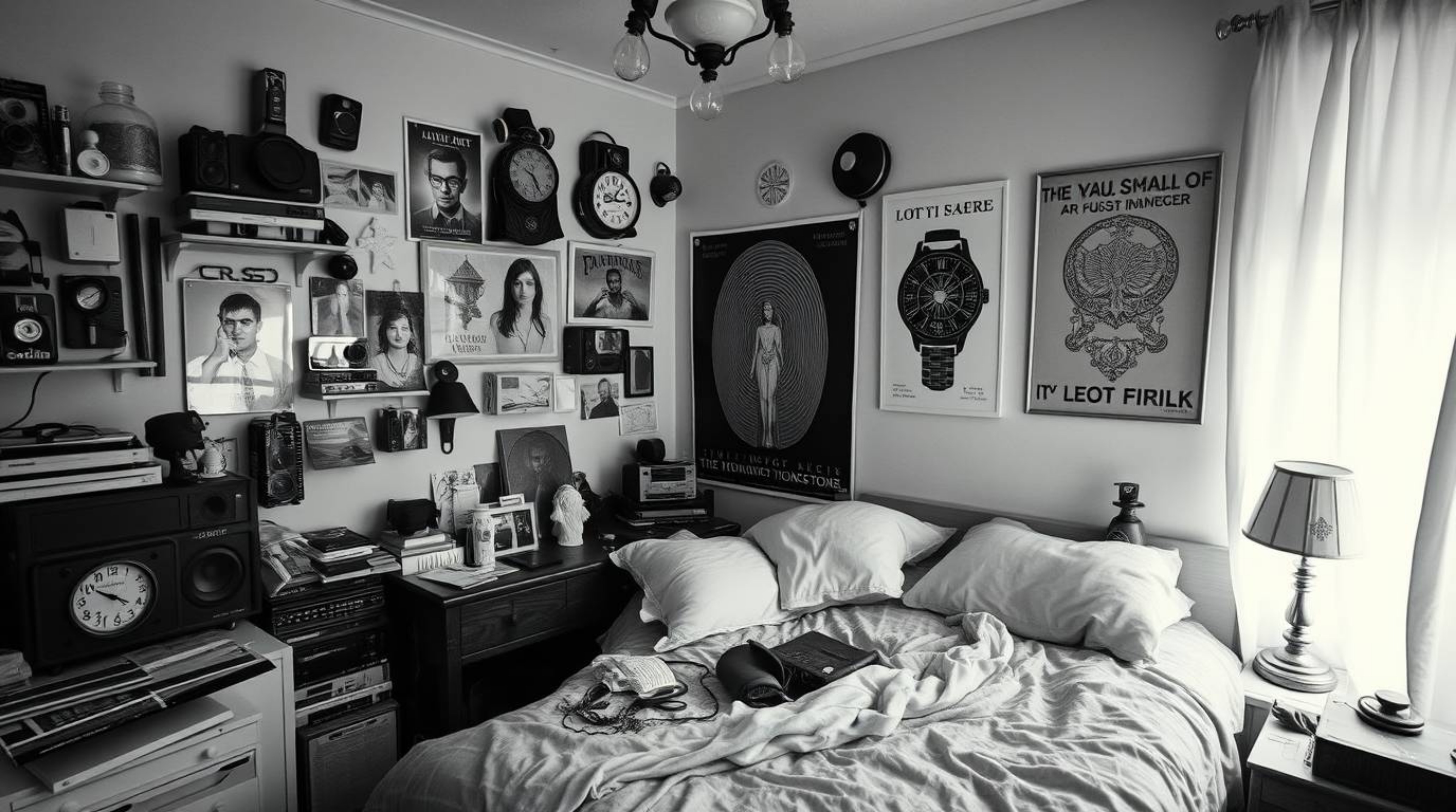 A captivating image of a messy bedroom, imbued with an ethereal and spiritual atmosphere.  Classic black and white posters an