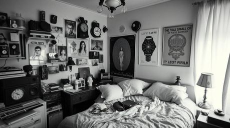 A captivating image of a messy bedroom, imbued with an ethereal and spiritual atmosphere.  Classic black and white posters an