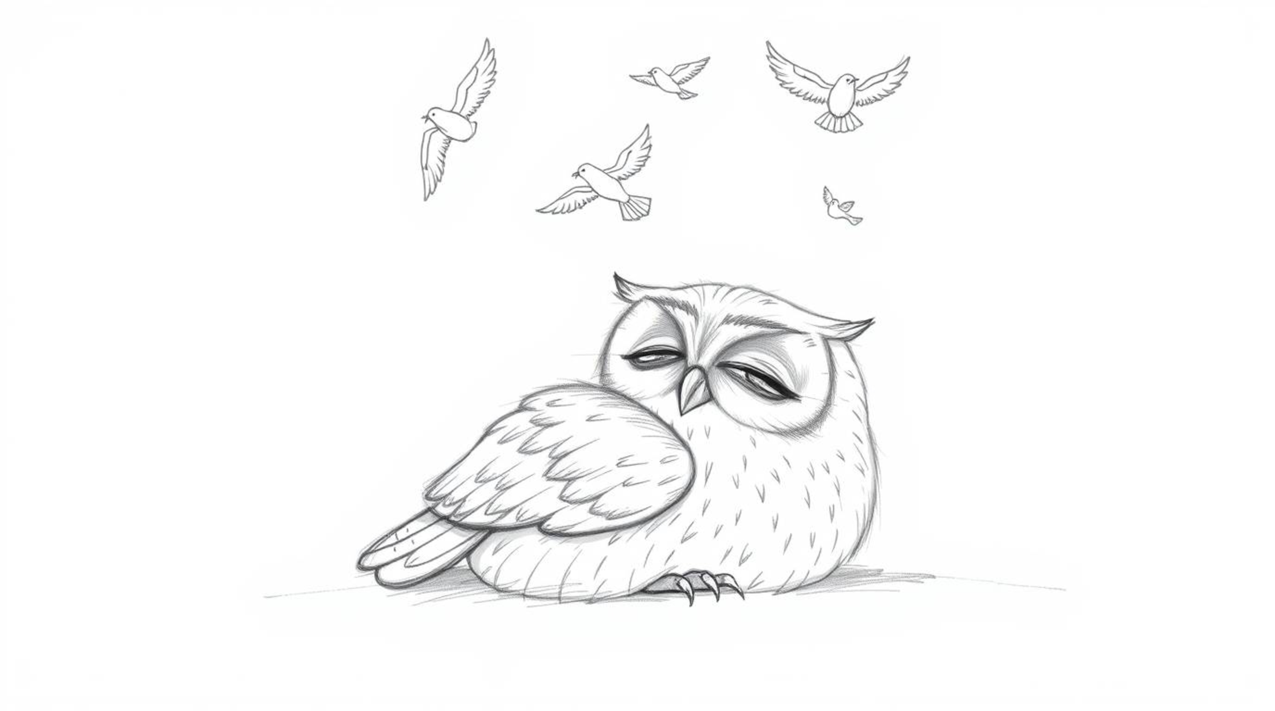 A pencil sketch, inspired by Pixar, depicts a blind owl with soft, detailed feathers peacefully resting. Above, joyful birds 