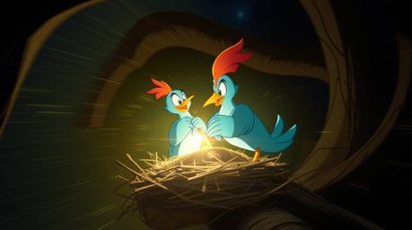A captivating long-exposure photograph showcases two cartoon birds diligently constructing a nest in a timeless animation sty
