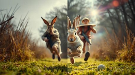A photograph capturing the hilarious chaos of a wacky rabbit outrunning a hunter, infused with slapstick humor and presented 