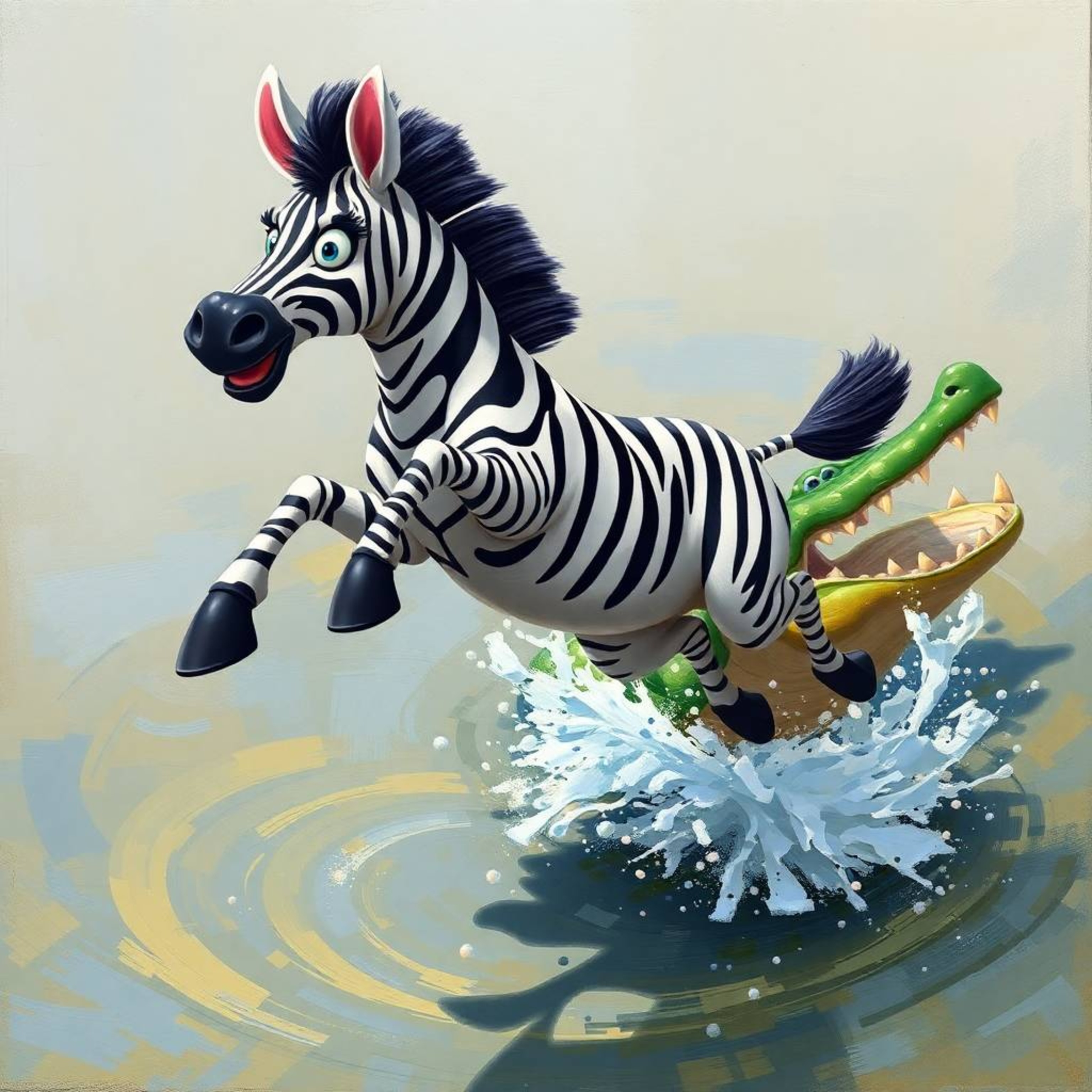 Classic oil painting in a dynamic and expressive style depicts a 3D cartoon zebra in mid-jump, appearing scared and alert. A 