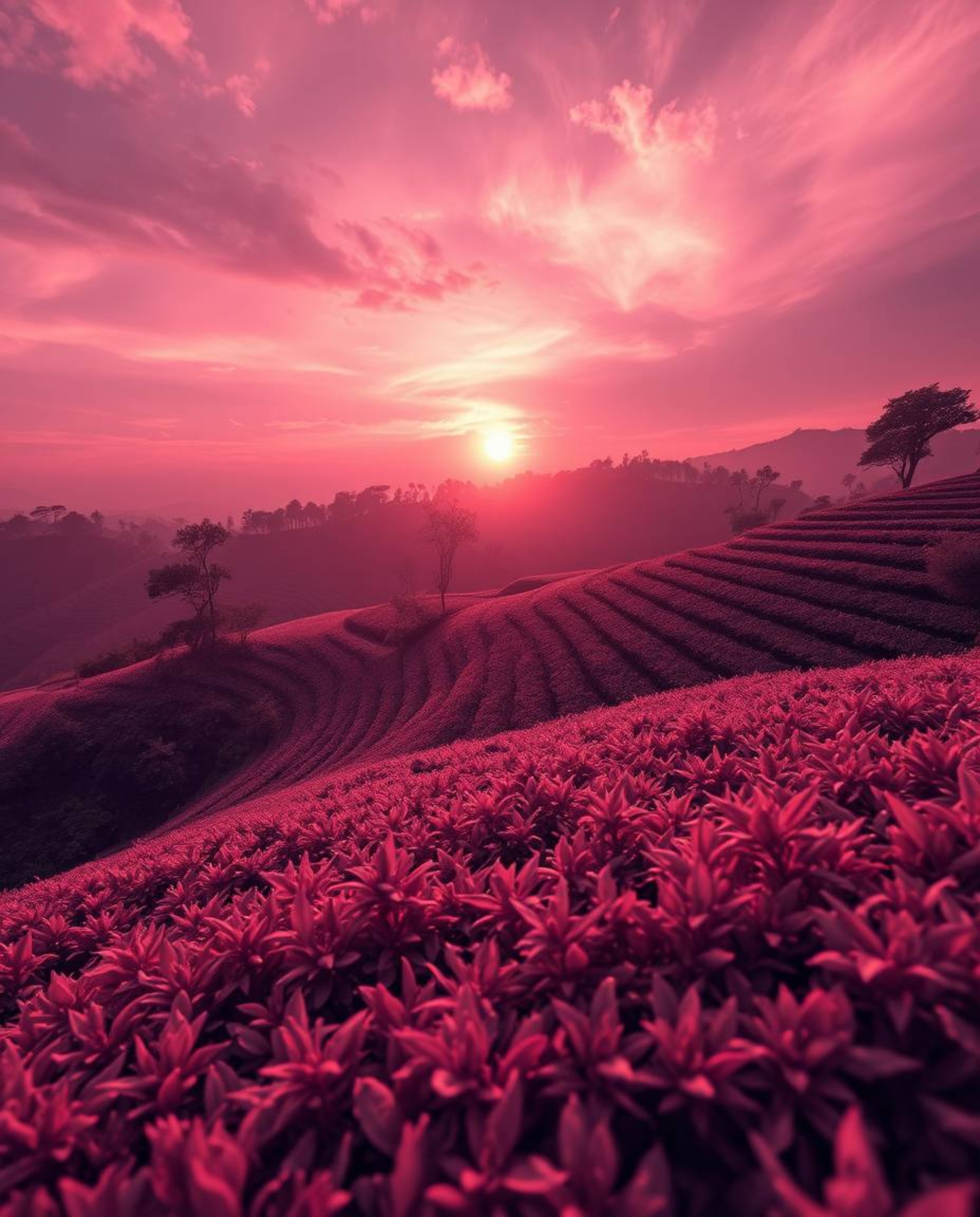 This is an extreme macro close-up photograph capturing a sunset over terraced tea plantations, rendered in surreal infrared t