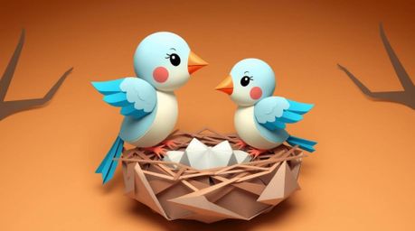 Delightful animation featuring two cartoon birds meticulously constructing a nest.  The intricate design showcases an origami