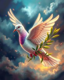 A captivating digital artwork depicts a graceful dove carrying an olive branch amidst stormy skies.  Rendered in a vibrant, a