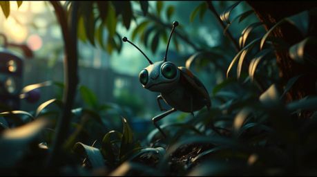 Explore a miniature world with a bug-sized hero in a backyard jungle, rendered with a high-contrast, low-key cinematic aesthe