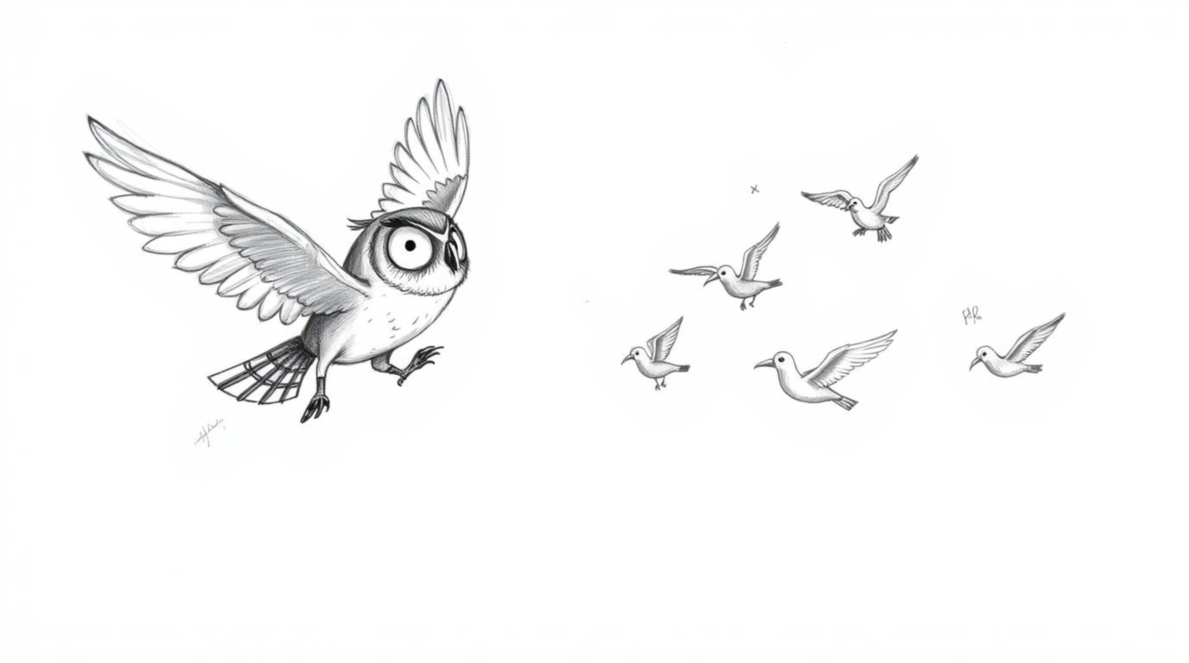 A heartwarming hand-drawn sketch in the style of Pixar depicts a blind owl gracefully mid-flight, teaching several birds how 