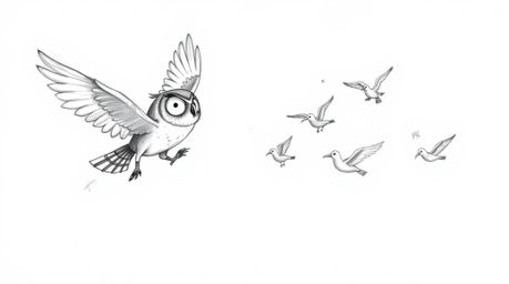 A heartwarming hand-drawn sketch in the style of Pixar depicts a blind owl gracefully mid-flight, teaching several birds how 