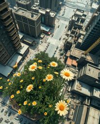 A breathtaking high-angle shot captures vibrant flowers blooming amidst the ruins of a post-apocalyptic city.  This striking 
