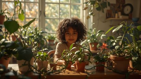 In a warmly lit, cinematic photograph, a bright-eyed, curly-haired young homeschooled genius with a gentle smile sits at a cl