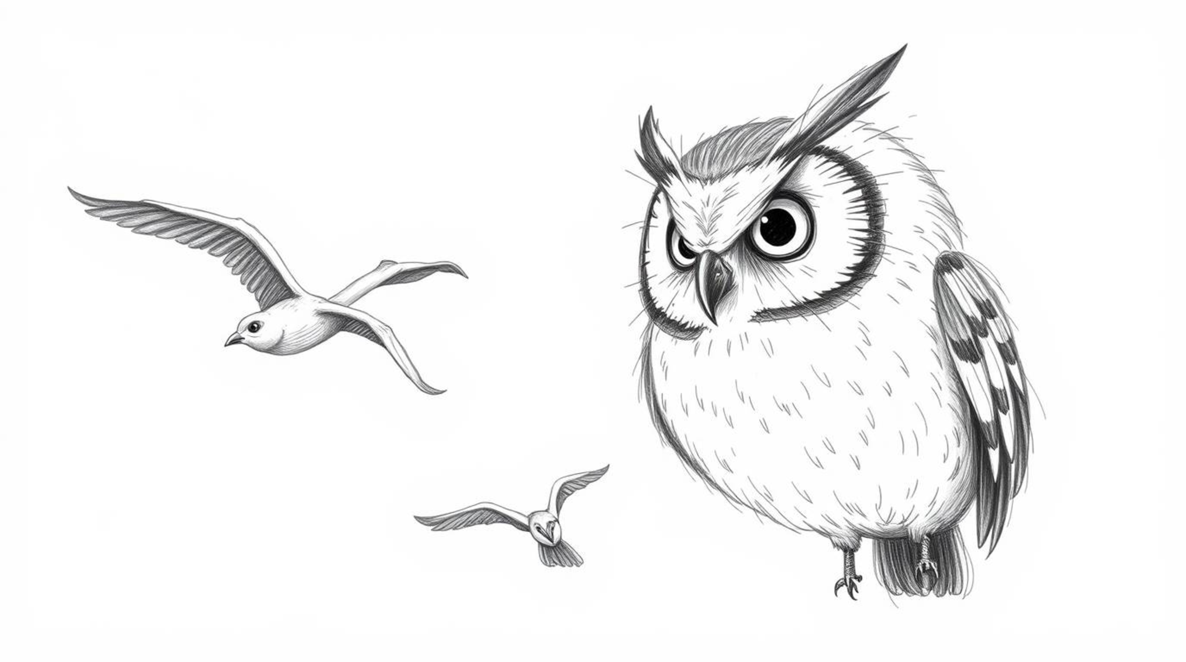 A captivating Pixar-style hand-drawn sketch depicts a blind owl, its feathers subtly detailed with rough, textured pencil str