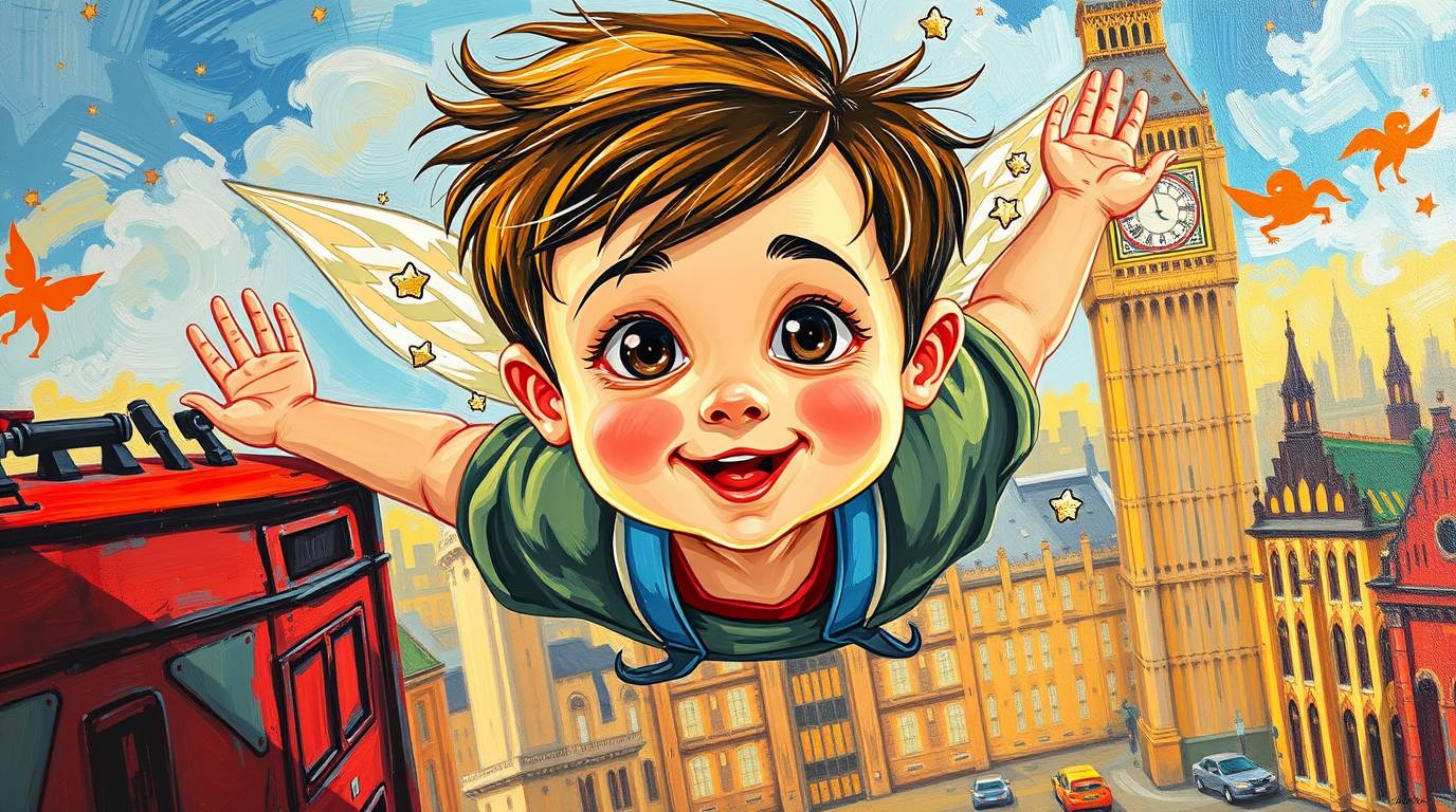 A captivating acrylic painting depicts an adorable young boy with charming features, joyfully flying above the iconic London 