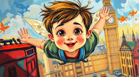 A captivating acrylic painting depicts an adorable young boy with charming features, joyfully flying above the iconic London 