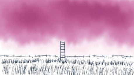 A hand-drawn sketch depicting a silver ladder in an open field under a cloudy sky serves as a minimalist metaphor for opportu