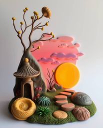 Sculptural clay artwork representing a serene Zen garden at sunset, modeled shapes with textured surfaces, vibrant electric c