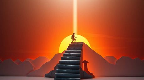 An intricate origami-style light art piece showcases a lone figure's arduous climb up a stone staircase towards a divine beam